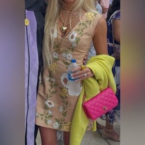 Chic Floral Embroidered Tan Mini Dress